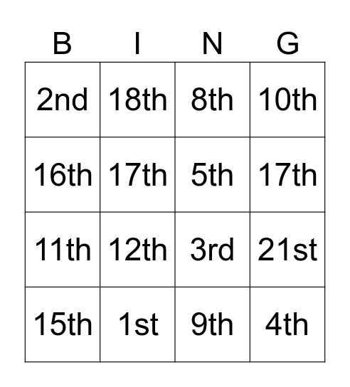 Ordinal Numbers Bingo Card