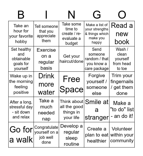 Self-Care Bingo Card