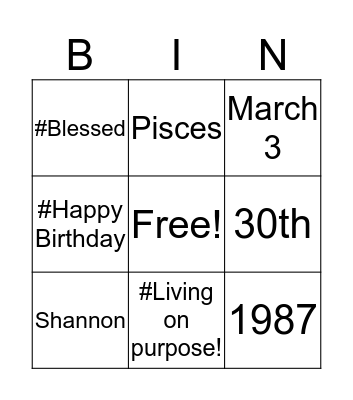 Shannon's 30th Birthday BINGO Card