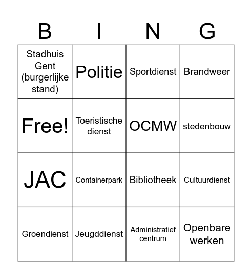 Stadsdiensten Bingo Card