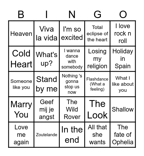 Muziek Bingo WPDA 2 Bingo Card