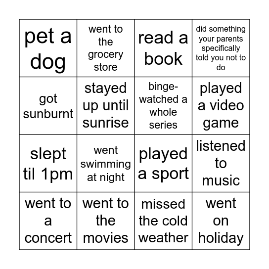 Back 2 School BINGO Card