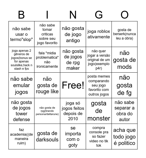 gamer "diferentão" Bingo Card
