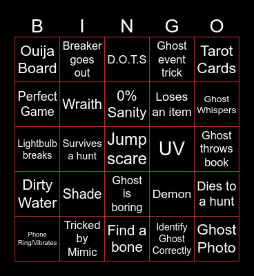 Phasmophobia Bingo Card