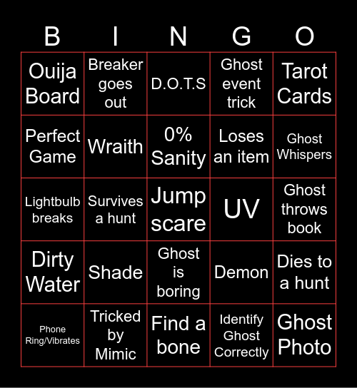 Phasmophobia Bingo Card