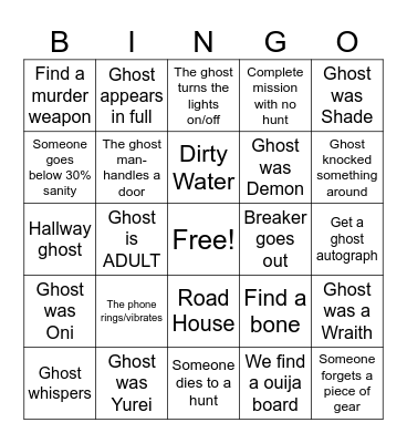 PhasmoPHOBIA Bingo Card