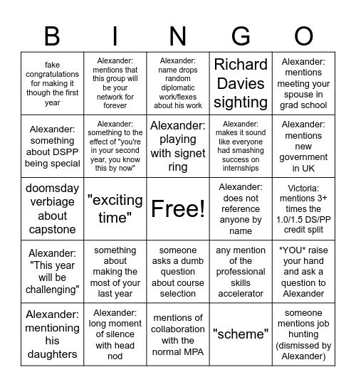 Re-orientation Bingo Card