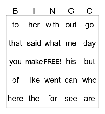 Sight Word  Bingo Card