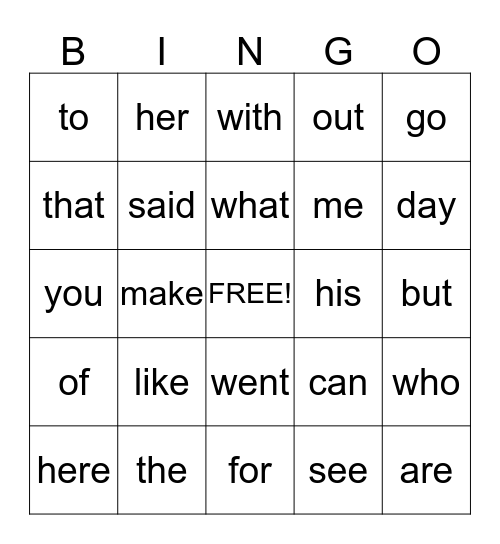 Sight Word  Bingo Card