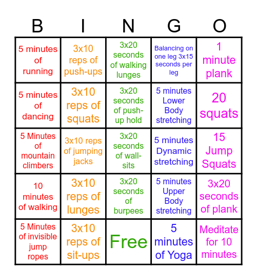 Fitness Bingo Card
