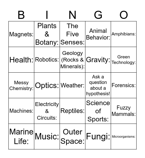 Jefferson Ave Science Fair 2017 Bingo Card