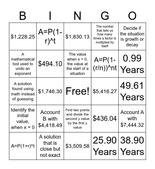 Lessons 5, 6, and 7 Review Bingo Card