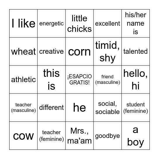Somos Unidad 1+ 2 (Días 1-2) Bingo Card