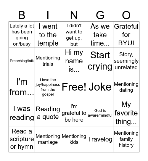 Testimony Bingo Card