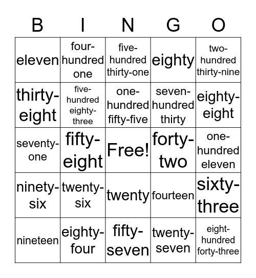Math Number Match Bingo Card