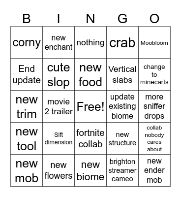 minecraft live Bingo Card