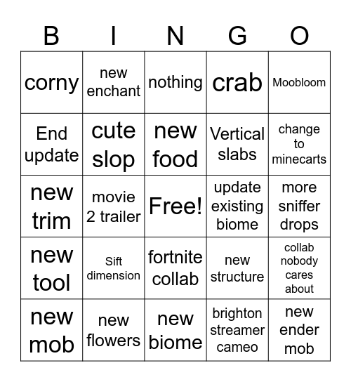 minecraft live Bingo Card