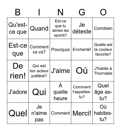 Les Salutations et Questions Bingo Card