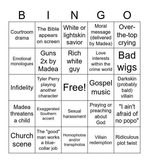 Madea Movie Bingo Card