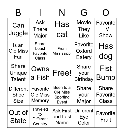 Friendship Bingo Card
