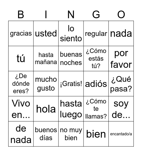 Los Saludos (Greetings) Bingo Card