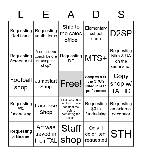 Lead BINGO Card