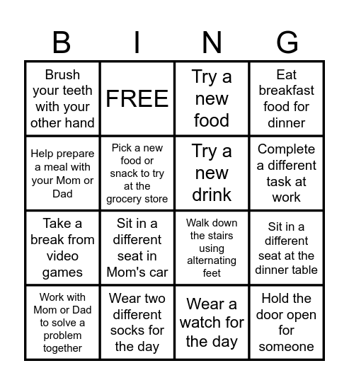 Luke's Flexibility BINGO Game Bingo Card