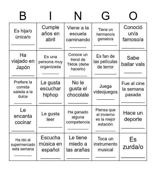 BINGO para conocerse Bingo Card