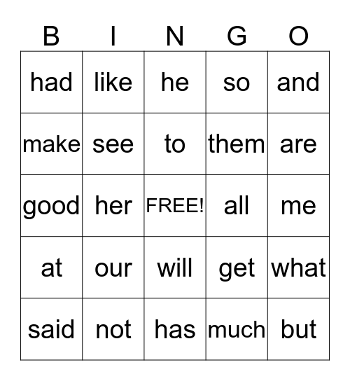 Sight Word  Bingo Card