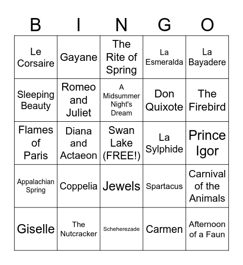 Princess Tutu Ballet Music Bingo Card