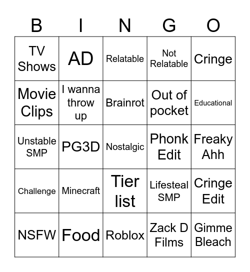 Youtube Shorts Bingo Card