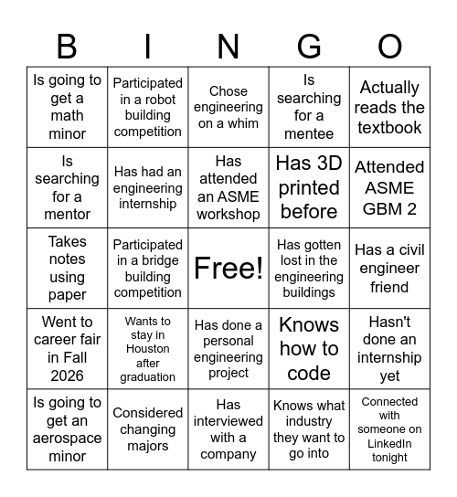 Human Bingo! Engineering Edition Bingo Card