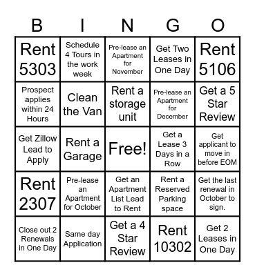 Leasing Bingo! Bingo Card