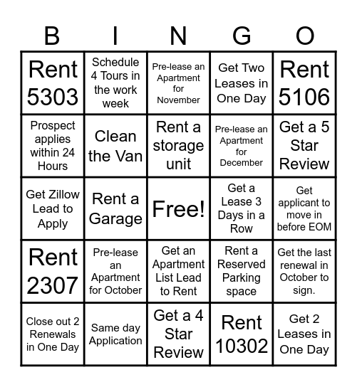 Leasing Bingo! Bingo Card
