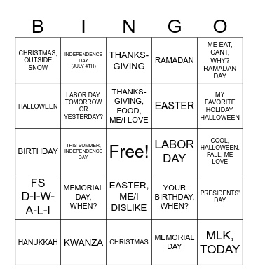 UNIT 1: TOPIC 2: HOLIDAY Bingo Card