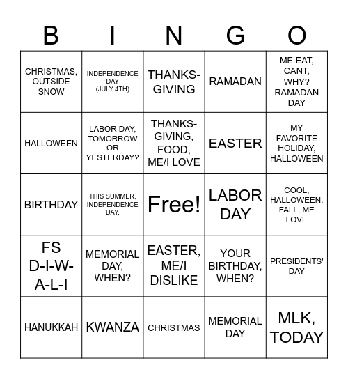 UNIT 1: TOPIC 2: HOLIDAY Bingo Card