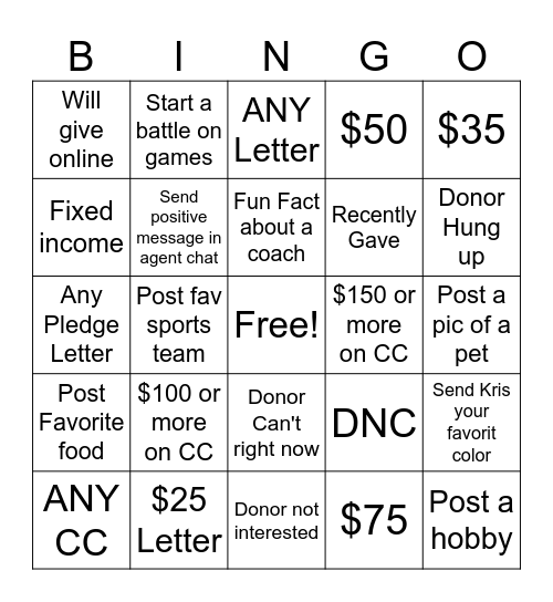 Fundraising Bingo Card