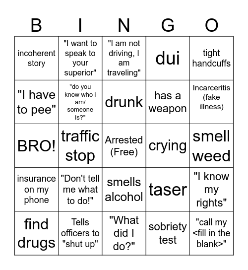 Body Cam BINGO Card