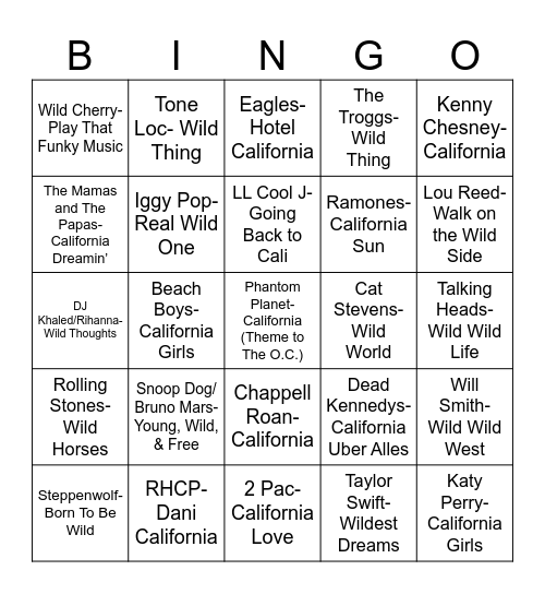 Radio Bingo California Wild Ales Bingo Card