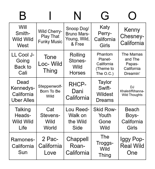 Radio Bingo California Wild Ales Bingo Card