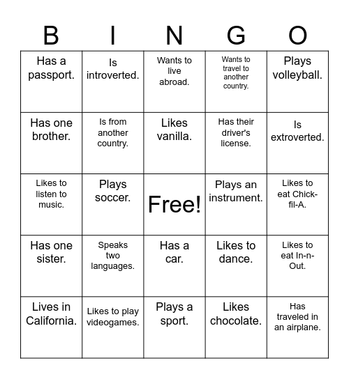 Getting to know Your Classmates Bingo Card