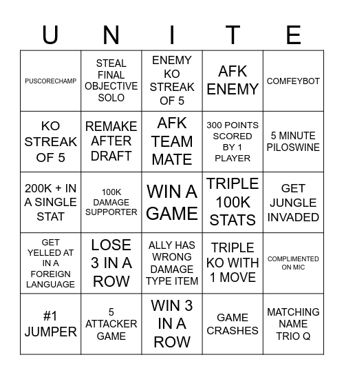 UNITE Bingo Card