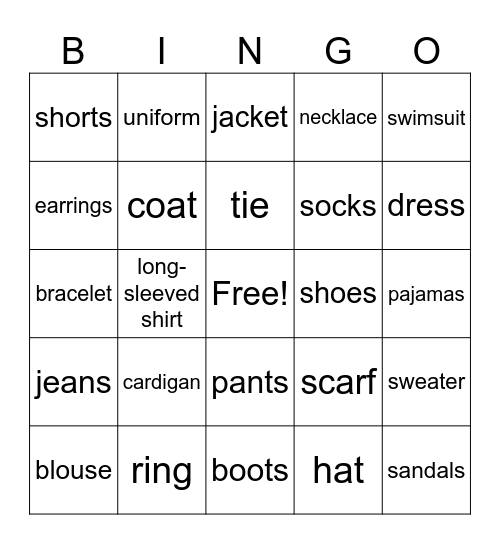 Clothes Bingo Card