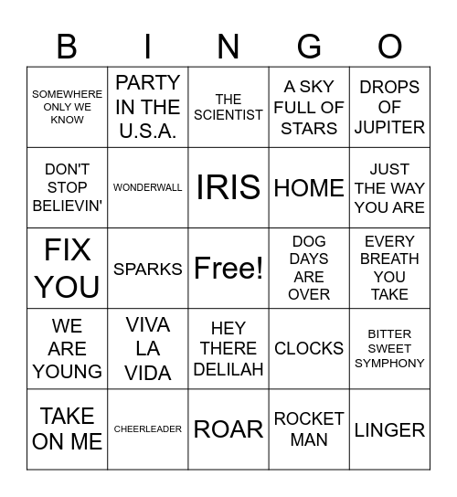 COLDPLAY Bingo Card