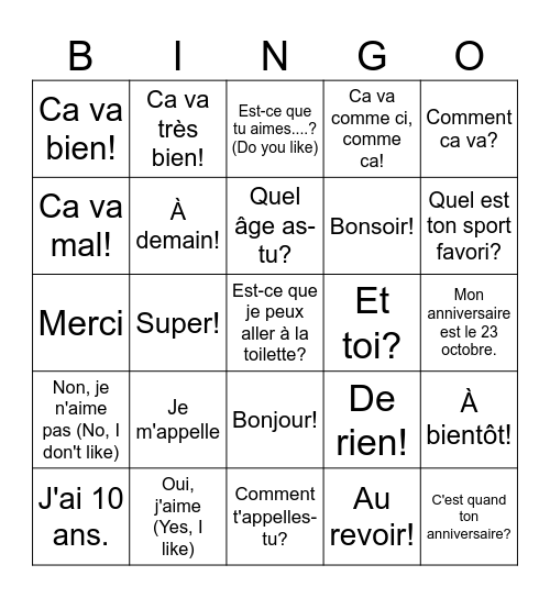 Les Salutations (5) Bingo Card