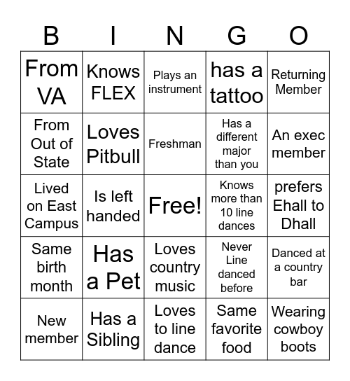 Line Dance Bingo Card