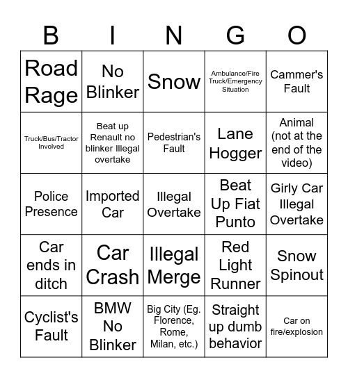 Bad Drivers of Italy Bingo!!!!!!!!! Bingo Card