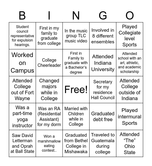 Harding College Go Week Bingo Card
