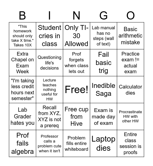 LETU Engineering Bingo Card
