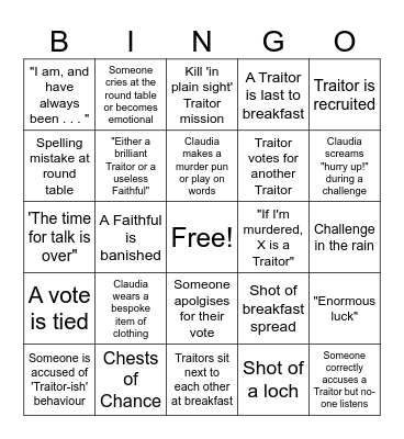 Celebrity Traitors Bigno Bingo Card